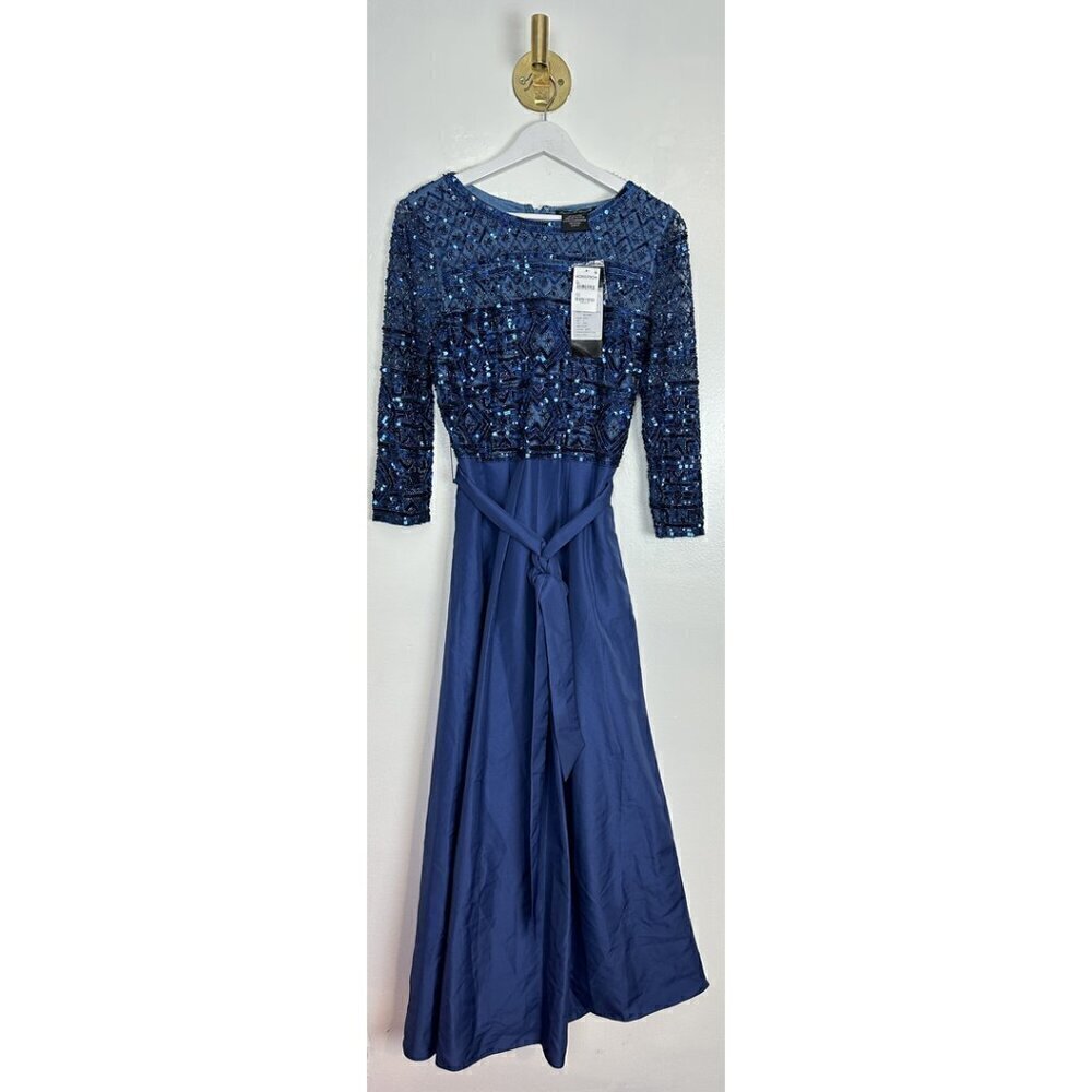 PISARRO NIGHTS Beaded Tie Waist Taffeta Gown in Denim 427 Size US 6 NWT - Picture 5 of 10
